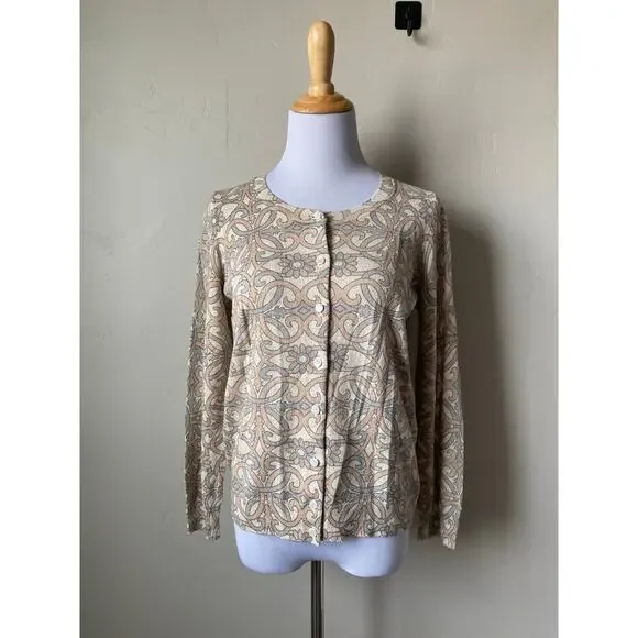 Talbots Black Label Gold Metallic Scroll and Floral Cardigan Sz L Petite NWT - Picture 7 of 11